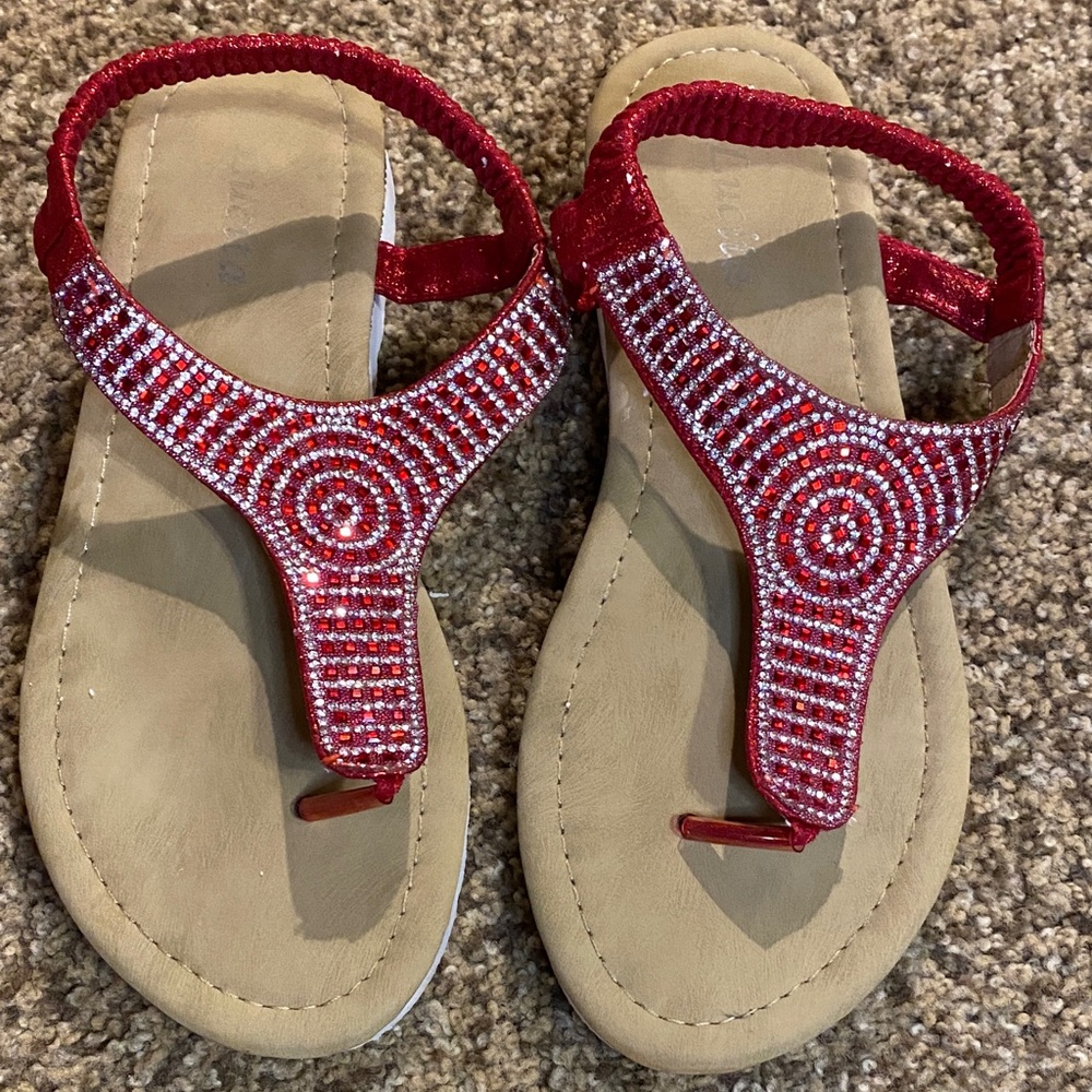 Lucita Red Beaded Sandals Size 10 Womens Rhinestone Thong Sandals Stretch Strap